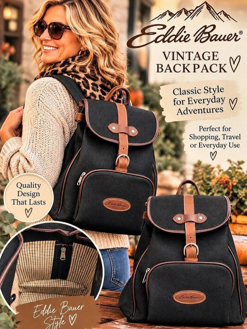 Eddie Bauer Vintage Backpack in Black & Brown